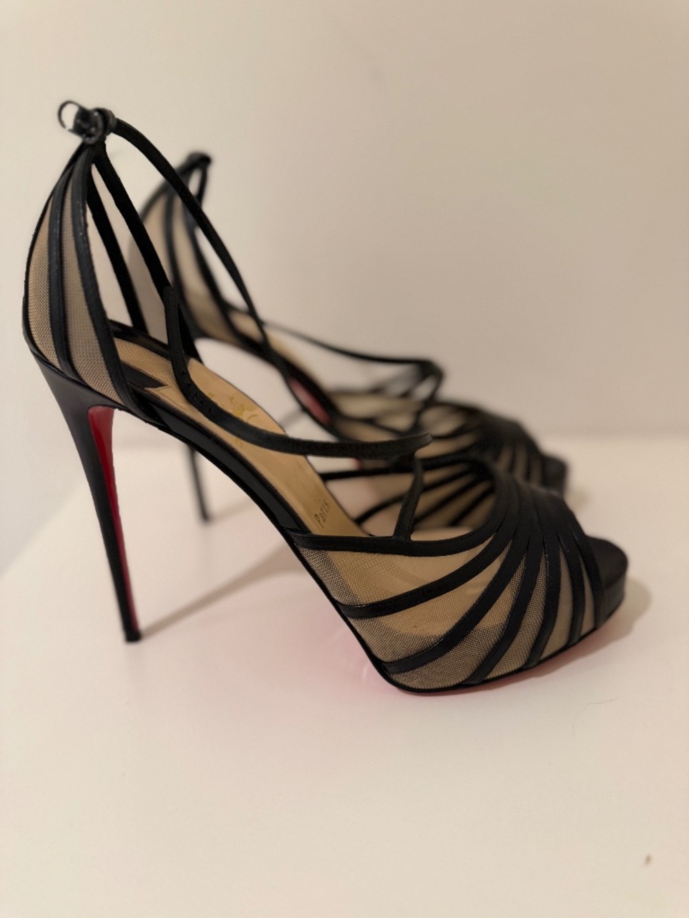 Christian Louboutin Black Mesh Strappy Peep-Toe Heels – Size 39.5